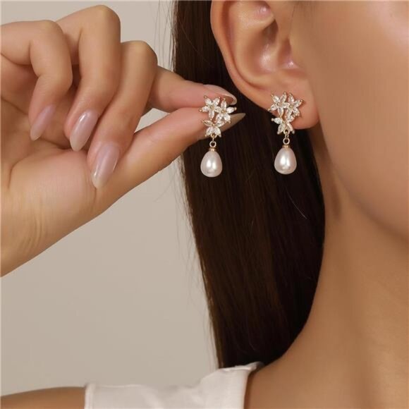 Gold-Plated Pearl Drop Earrings – CZ Leverback Design, Hypoallergenic - Picture 2 of 6